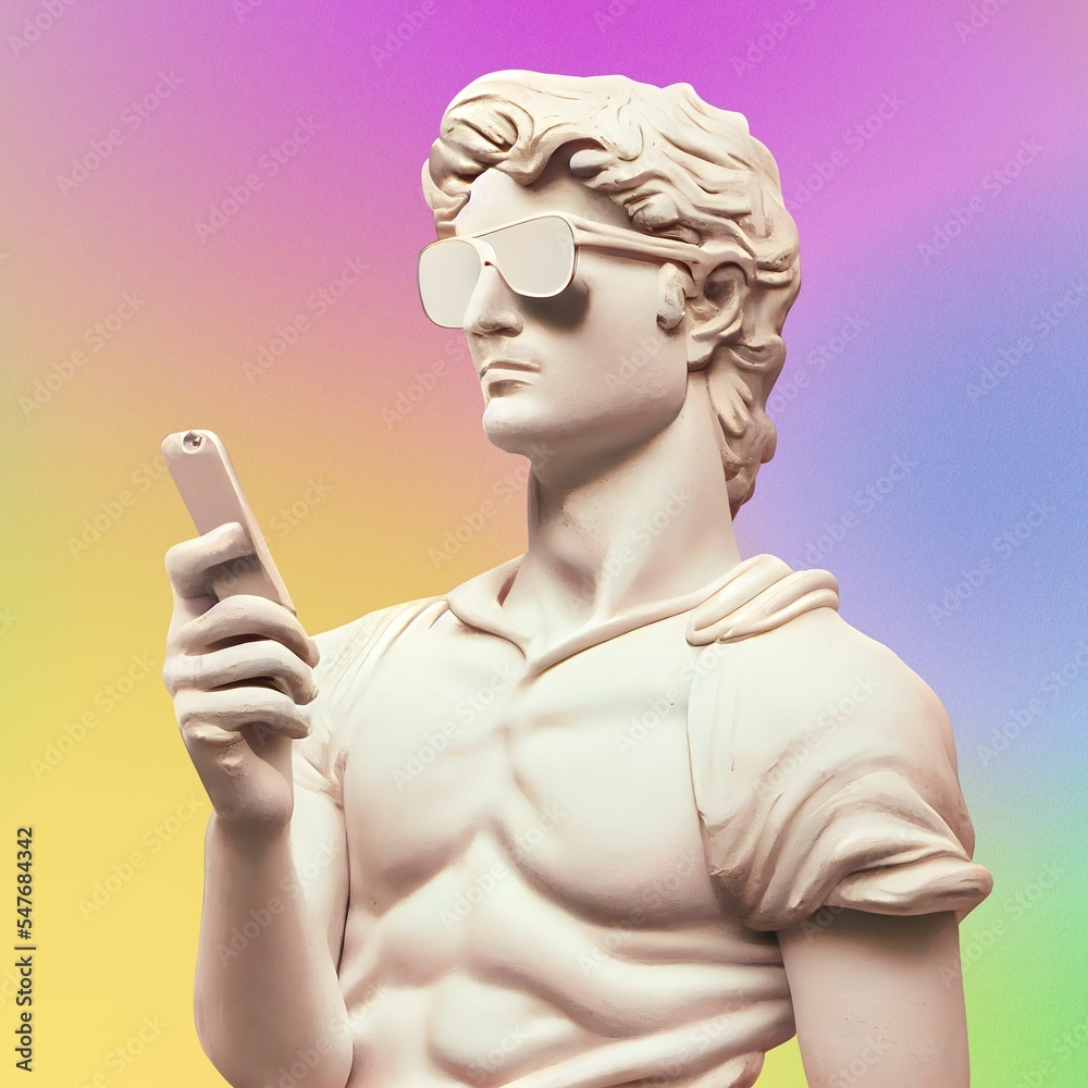 Gypsum statue of David's body with white sunglasses and holding phone, cool and stylish - obrazy, fototapety, plakaty 