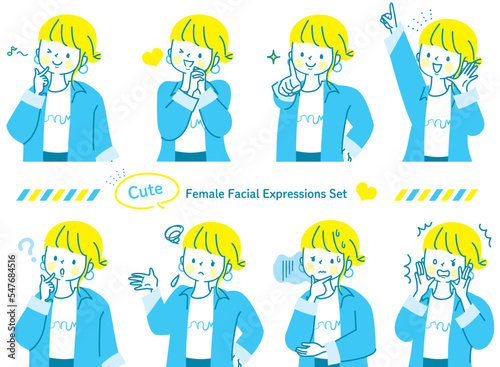 若い女性の色々な表情ベクターイラスト素材