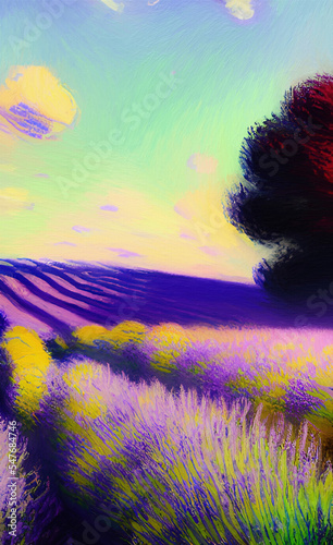 Rural landscape, field of flowers, lavender provence view. Village nature. Digital art illustration. © Katsiaryna