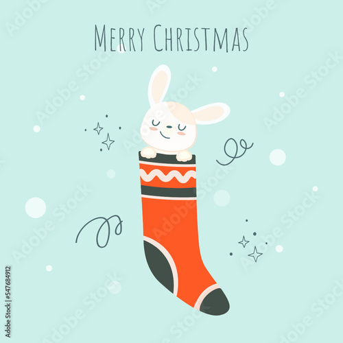 Cute rabbit in a Christmas sock. Merry Christmas. Funny rabbit in a Christmas stocking on a light background. Greeting card, banner Vector isolated design. Flat style.