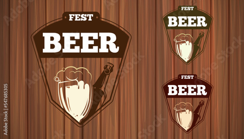 Craft beer logo- vector illustration, emblem brewery design on dark Wood texture background.