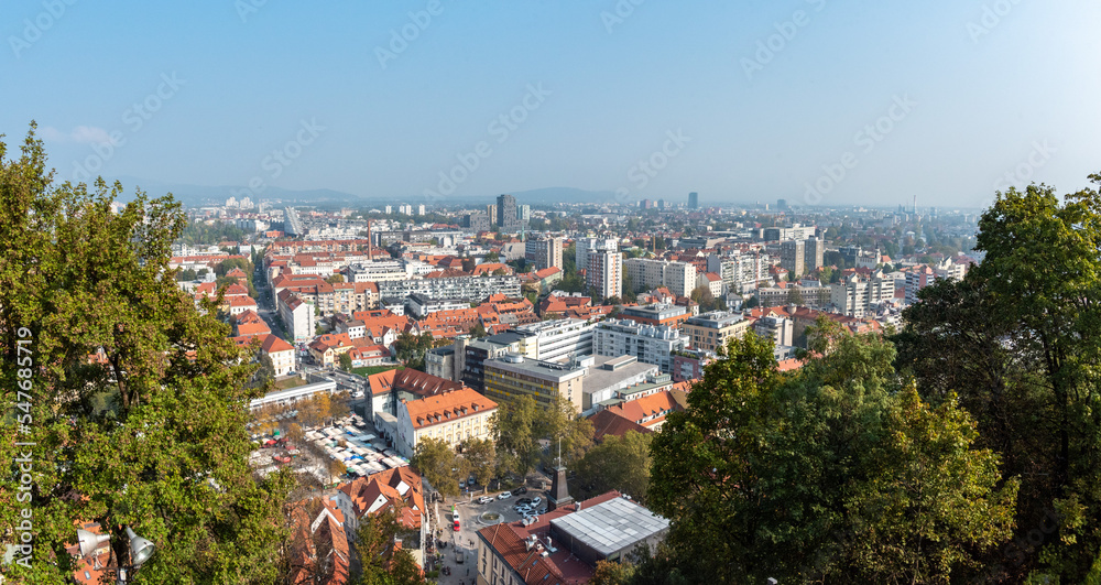 Aerial view over downtown Ljubljana, capital city of Slovenia