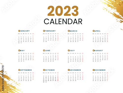 golden Color  background  Stylish geometric 2023 new year calendar template design