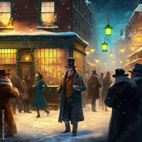 AI generated image of a happy and friendly Ebenezer Scrooge from A Christmas Carol  photo