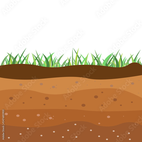 Underground soil layers, green grass surface.Brown clay structure, topsoil field environment and nature geology illustration. Soil layers