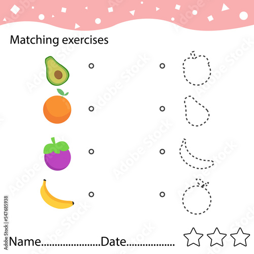 Fototapeta Naklejka Na Ścianę i Meble -  Match cute kawaii fruits  by color. Educational worksheet for kids. Color matching game for preschoolers. Colorful set of fruit