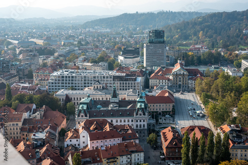 Aerial view over downtown Ljubljana, the university and Ursuline church in the center, Slovenia