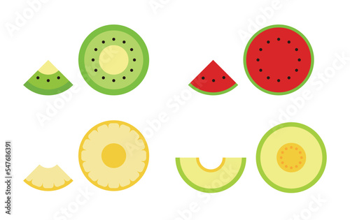 A set of fresh fruit cross section slices illustration graphic with lots of vitamins. Kiwi, watermelon, pineapple and melon.