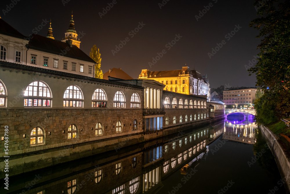 Iconic building of the central market in Ljubljana illuminated at night, the bridge of Preseren sqare in the background