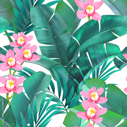 Tropical floral seamless pattern with exotic flowers, orchid flower, hibiscus, jungle leaves, palm tree, plumeria, butterfly. Artistic background. Wallpaper with botanical illustrations.