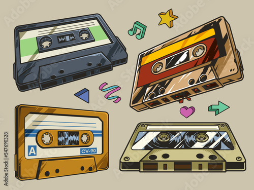 Compact cassette set vintage colorful