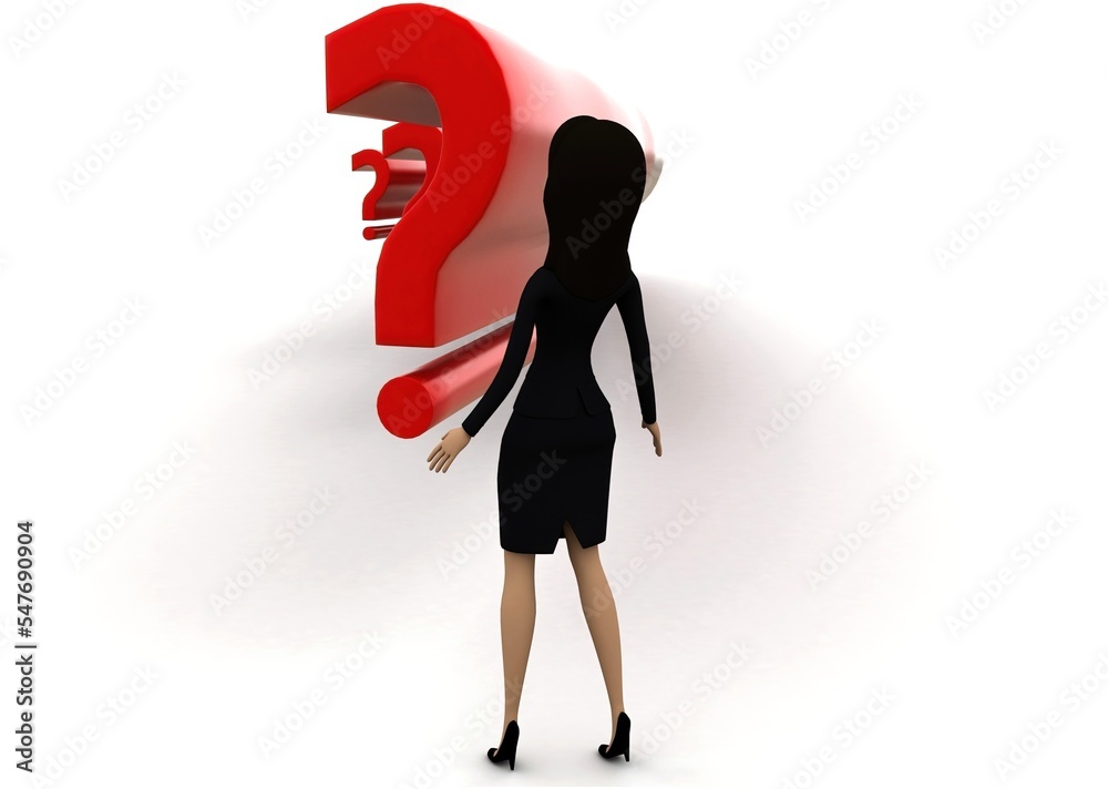 3d woman suprised by looking at question marks concept 3d woman suprised by looking at question marks concept