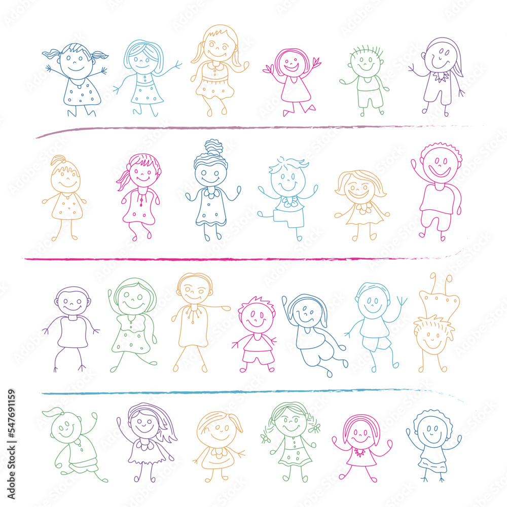 Happy and lovely kids or little children doodle sketches set with different poses
