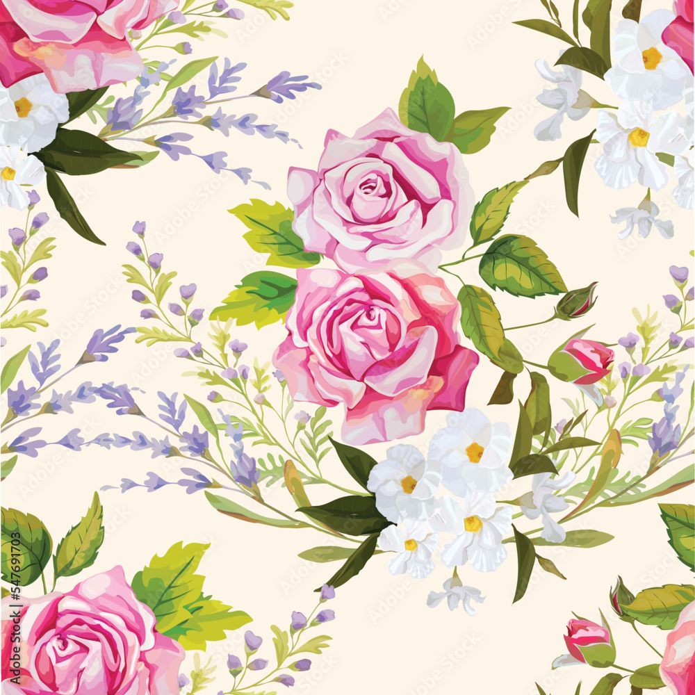Rose and wild flowers bouquetseamless pattern