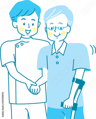 シニア男性を介助する若い介護士のイラスト