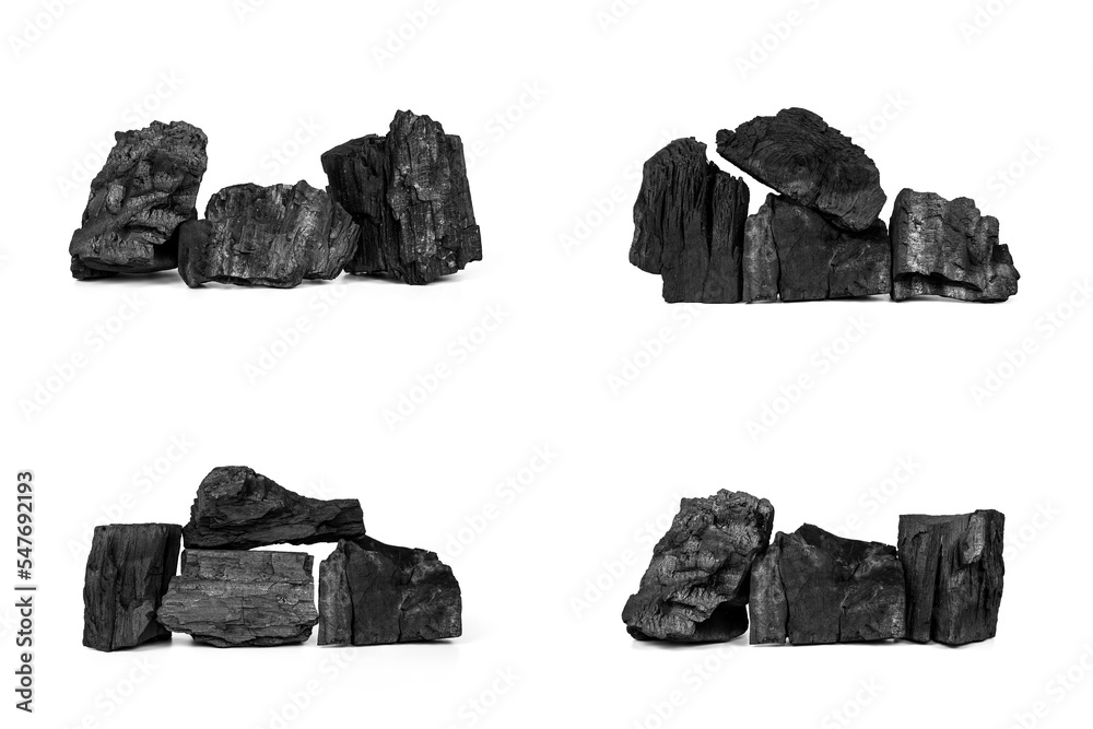 Set 4 in 1 pile of coal or black charcoal stack isolate on white background