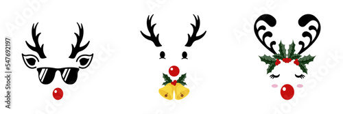 A cute collection of reindeer faces with Christmas characters are isolated on a white background.