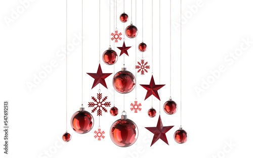 abstract christmastree in shades of red stars snowflakes baubles hanging from above isolated 3D Rendering