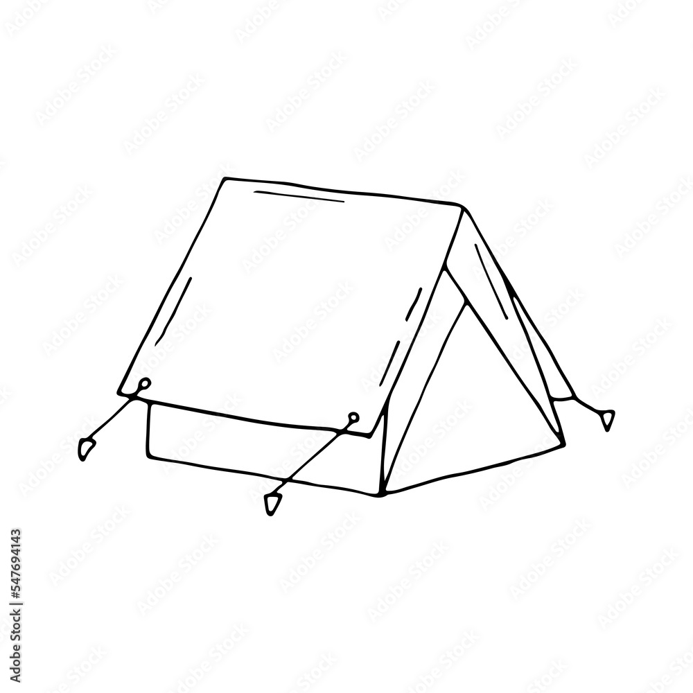 Tourist tent. Camping, hiking, travel. The tent is stretched with a rope tied to wooden pegs in the grass. Doodle. Vector illustration. Hand drawn. Outline. Tourist tent. Camping, hiking, travel. The tent is stretched with a rope tied to wooden pegs in the grass. Doodle. Vector illustration. Hand drawn. Outline.