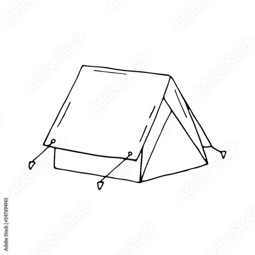 Tourist tent. Camping, hiking, travel. The tent is stretched with a rope tied to wooden pegs in the grass. Doodle. Vector illustration. Hand drawn. Outline.