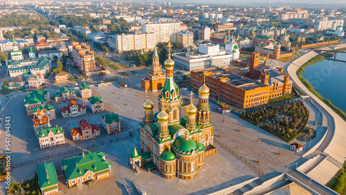 Yoshkar-Ola, Russia. Cathedral of the Annunciation of the Blessed Virgin in Yoshkar-Ola. City center in the morning light. Embankment of the river, Aerial View