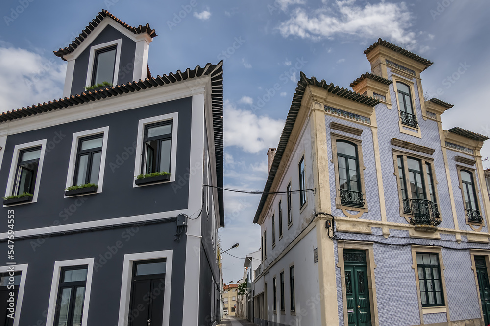 Street view in the heart of Historic Center of Aveiro: typical colorful Portuguese houses. AVEIRO, PORTUGAL. 