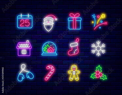 Merry Christmas neon icon collection. Gift, calendar and sock. Winter holiday celebration. Vector stock illustration