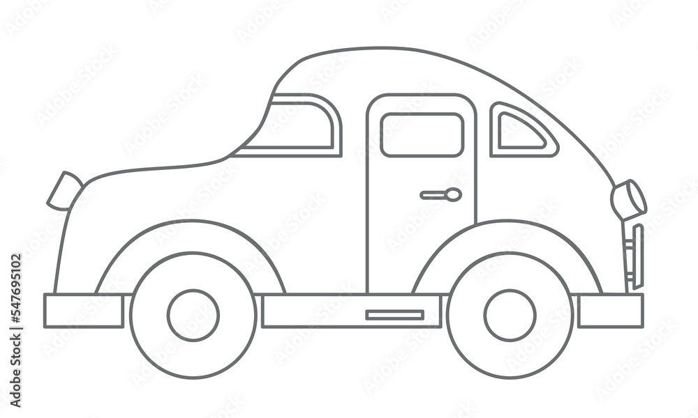 Car Toy for Baby Boy. Vector illustration for Kid design in outline style. Vintage automobile for childish game in black and white colors on isolated background. Drawing of cute machine for icon.