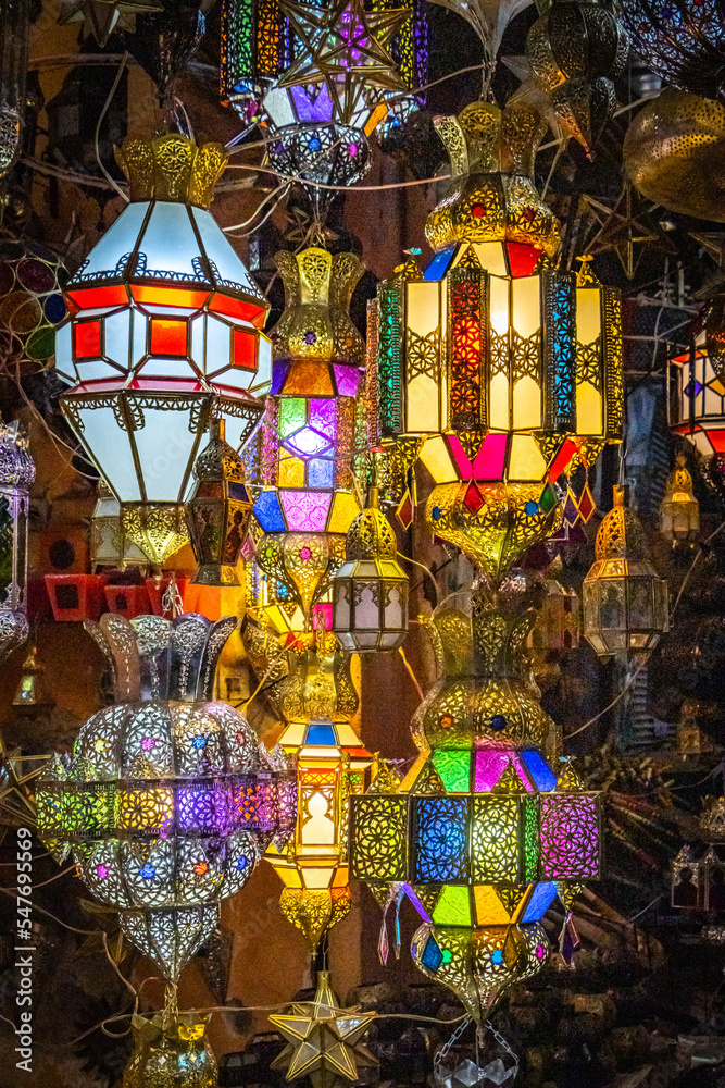 lamps in the market, marrakech, bazaar, souk, morocco, north africa
