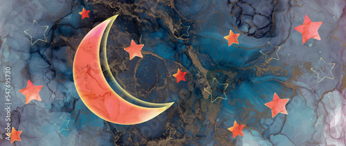 Night sky background, moon and stars, alcohol ink. Vector illustration.
