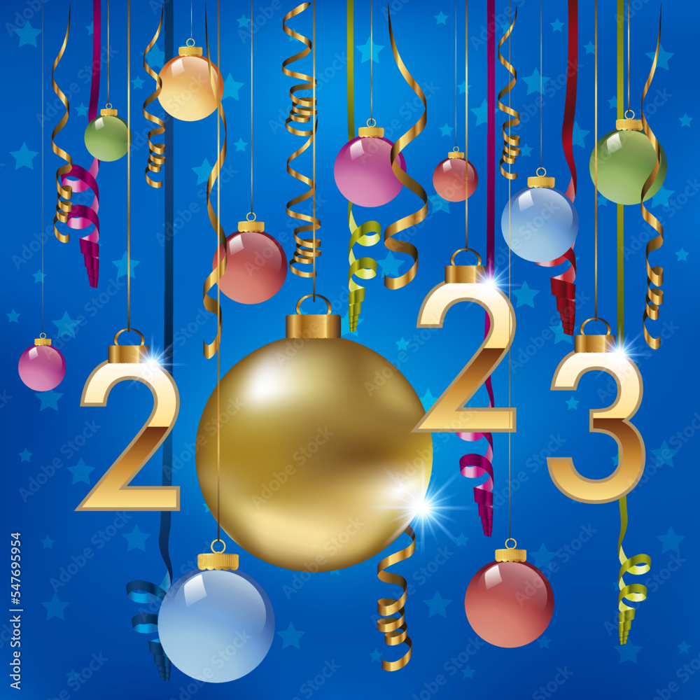 Carte de vœux 2023, avec les traditionnelles boules de noël, colorées et de