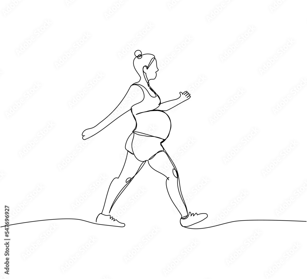 Pregnant woman doing sports walking one line art. Continuous line drawing of pregnancy, sports, motherhood, walking, jogging, fitness, preparation for childbirth.