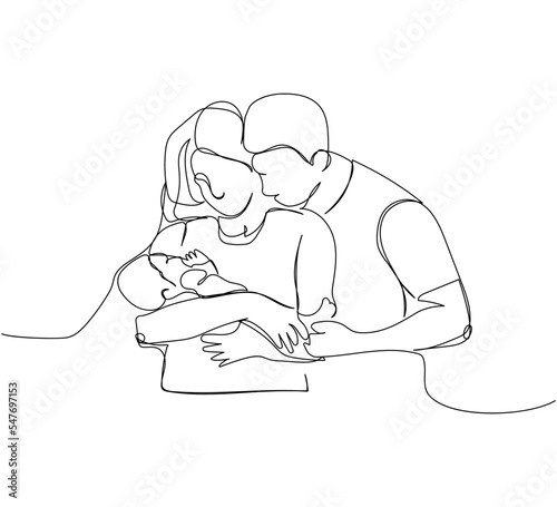 Fototapeta Naklejka Na Ścianę i Meble -  Happy family, husband, wife and child one line art. Continuous line drawing of newborn, motherhood, family, love, mutual understanding, married couple.