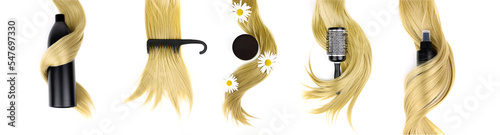 Foto Professional hairdresser's set comb, spray, shampoo and strand of blonde hair on white background, top view