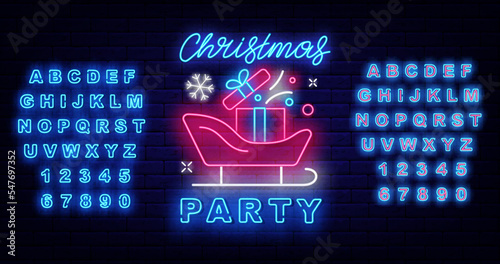 Christmas party neon sign. Glowing pink and blue alphabet. Santa Claus sleigh with present. Vector stock illustration