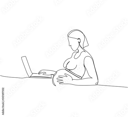 Working pregnant one line art. Continuous line drawing of pregnancy, motherhood, preparation for childbirth, work during pregnancy, working woman, maternity leave.