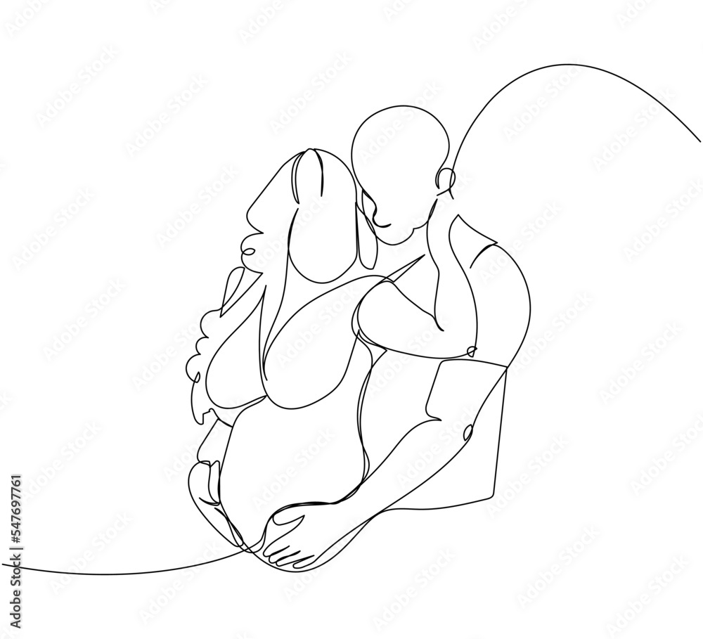 Husband hugging his pregnant wife one line art. Continuous line drawing of pregnancy, motherhood, preparation for childbirth, family, expectation of a child, love, mutual understanding.