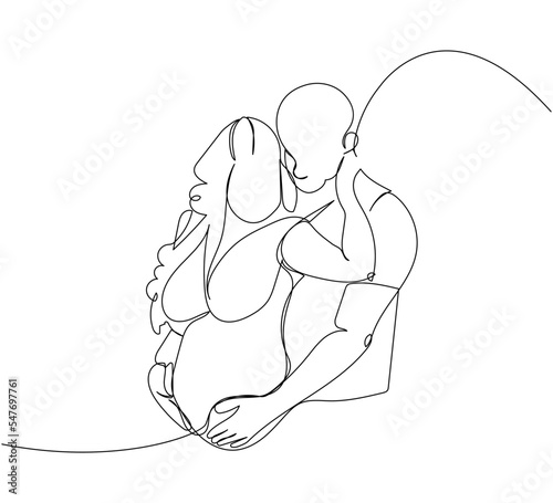 Husband hugging his pregnant wife one line art. Continuous line drawing of pregnancy, motherhood, preparation for childbirth, family, expectation of a child, love, mutual understanding.