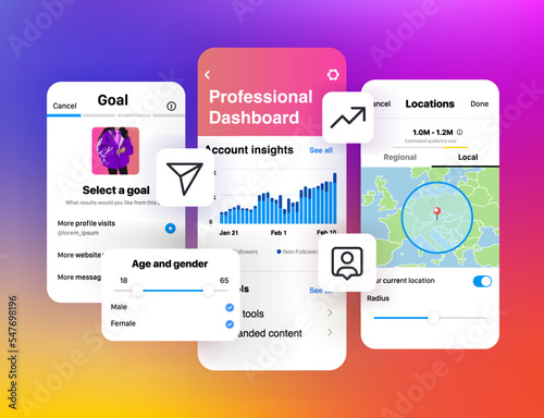 Promotion in social networks concept. Advertising dashboard instagram. Interface social media mobile app. Setup menu account insights