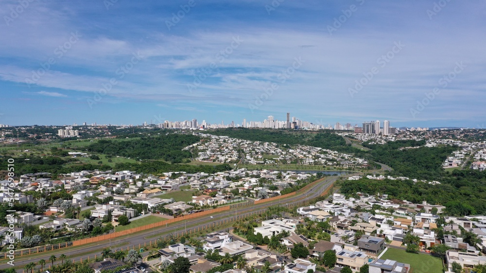 Aerial view of luxury residential condos and modern buildings in the horizon in Goiania, Goias, Brazil. 