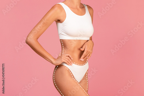Body Sculpting. Slim Woman In Underwear With Drawn Lifting Lines On Skin