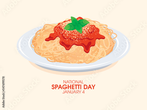 National Spaghetti Day vector. Plate of spaghetti with tomato sauce, cheese and basil leaf icon vector. January 4. Important day