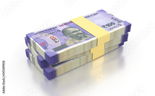 Indian Rupee 100 Currency Note Bundles isolated on White Background - 3D Illustration