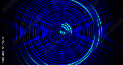 Abstract blurry twitchy torn luminous blue and turquoise lines curving into circles on a black background