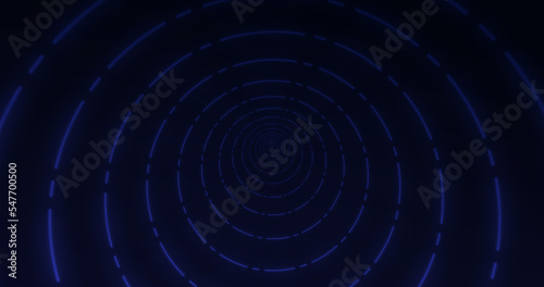 Curved tunnel going into the distance made of luminous blue circles from dotted lines against a dark blue canvas