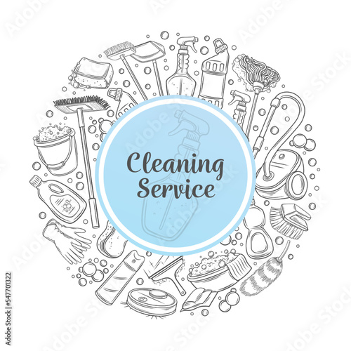 Cleaning service, round design template with line icons vector illustration. Cleaning service text in blue circle frame with hand drawn outline detergent, housekeeping tools and maids equipment around