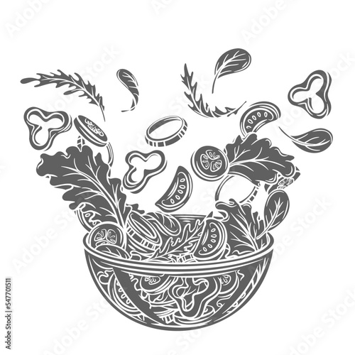 Vegetable salad glyph icon vector illustration. Silhouette of fresh slices of summer mix vegetables fly over bowl, tomato and pepper pieces, lettuce and onion circles fall into plate with appetizer