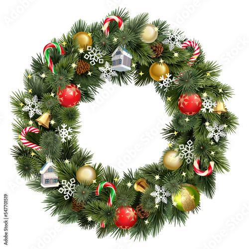 Vector Christmas Pine Fluffy Wreath with Christmas Decorations