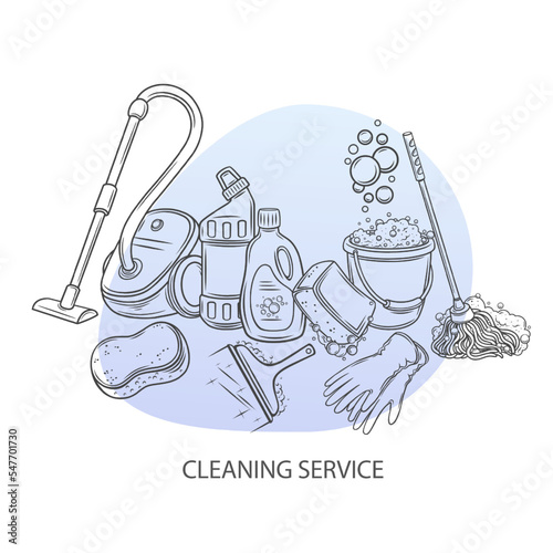 Cleaning service, line design template vector illustration. Hand drawn outline tools and equipment for professional janitors in company for cleaning home surfaces, sketches of supplies and detergent