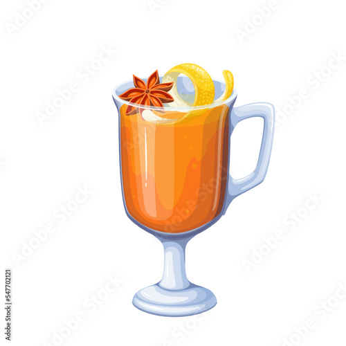 Christmas grog vector illustration. Cartoon isolated hot Xmas drink in glass with handle, star anise decoration and lemon zest spiral, grog with citrus fruit and spices, Christmas market beverage